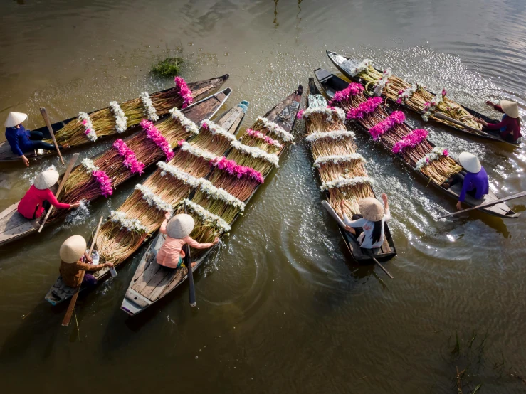 a number of boats in a body of water, inspired by Steve McCurry, pexels contest winner, flower sepals forming helmet, ao dai, aerial, thumbnail