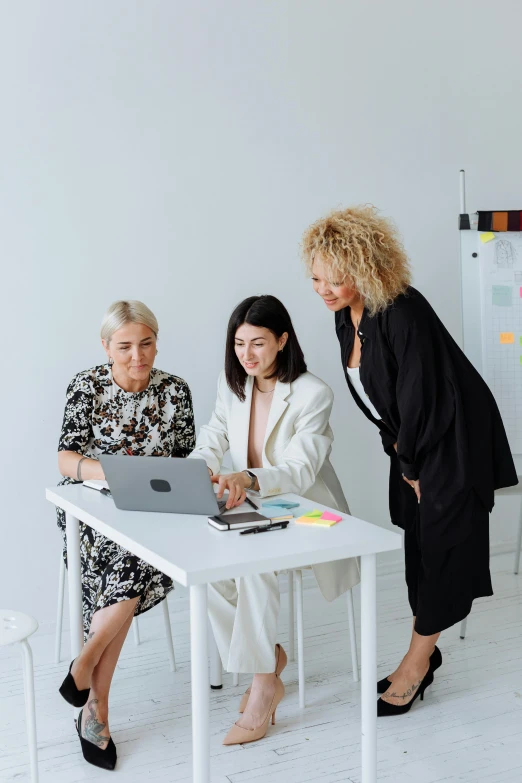 three women sitting at a table with a laptop, by Gavin Hamilton, pexels contest winner, standing on a desk, vp of marketing, white space in middle, decorative