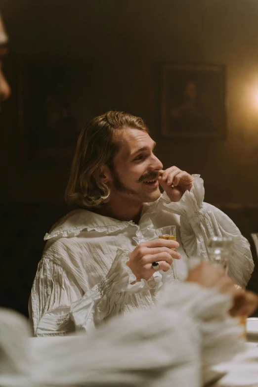 a couple of people that are sitting at a table, pexels contest winner, renaissance, hamlet, mid-shot of a hunky, having a good time, regency-era