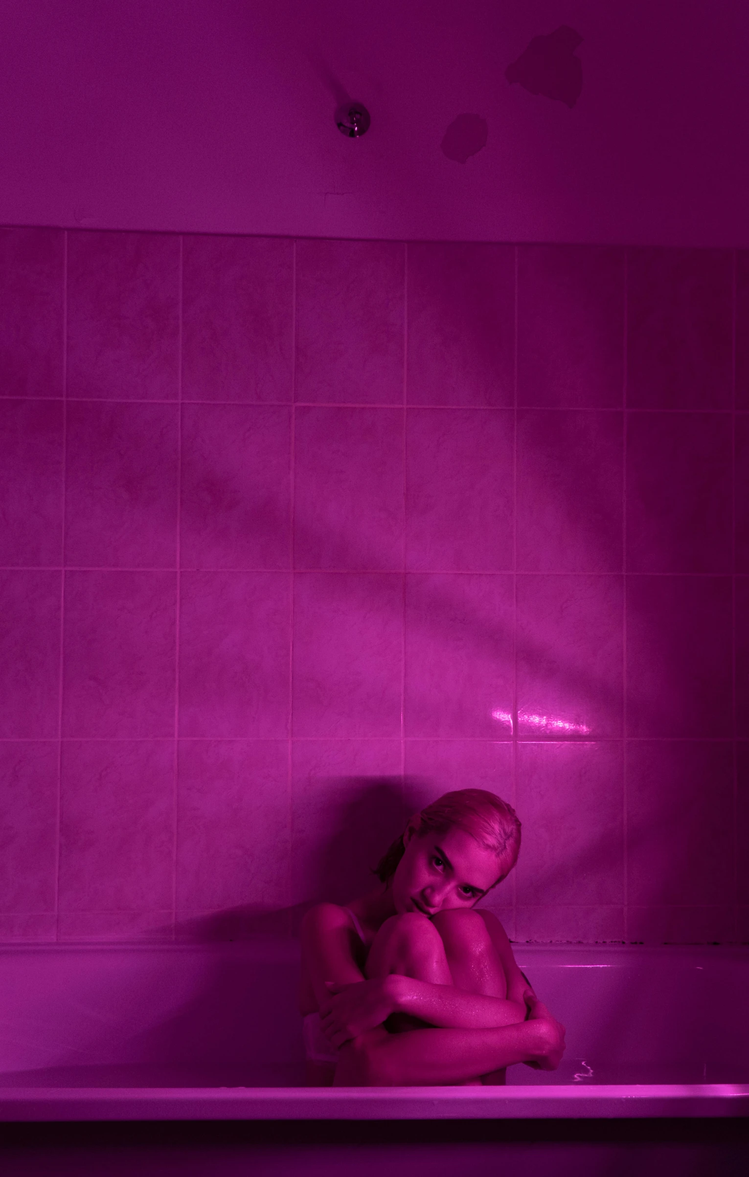 a little girl sitting in a bathtub under a purple light, pexels contest winner, conceptual art, pink concrete, porcelain holly herndon statue, taken in the late 2010s, ((pink))