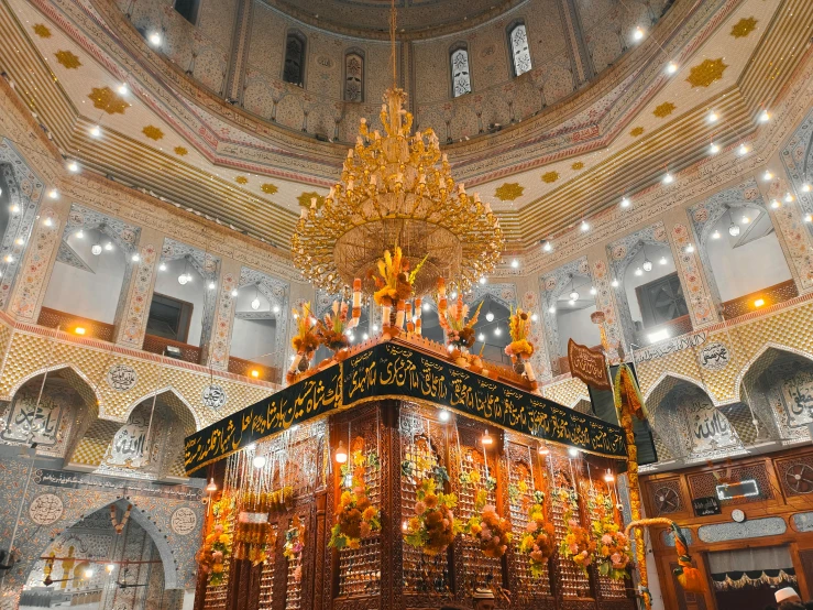 a group of people that are inside of a building, hurufiyya, lavishly decorated, holy lights, profile image, shrines