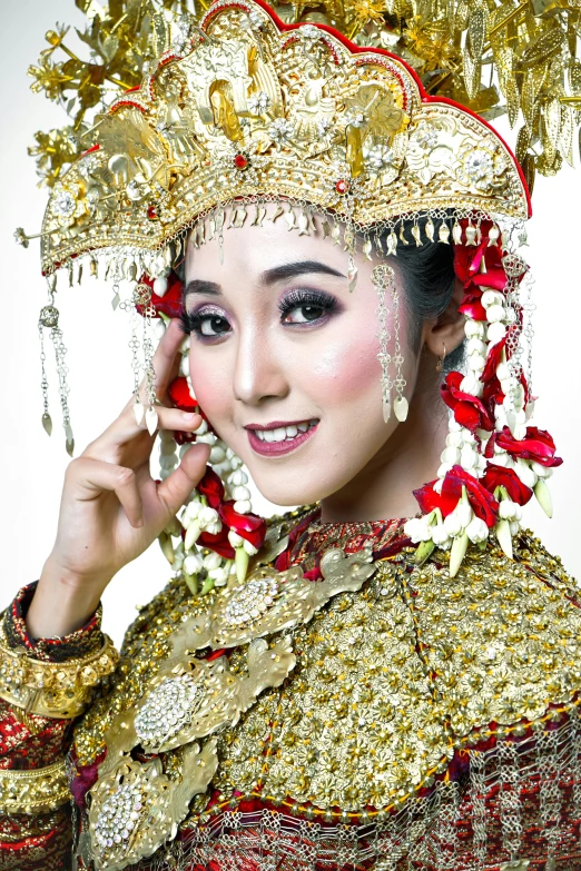 a close up of a person wearing a costume, a portrait, inspired by Tang Di, shutterstock, sumatraism, actress, square, wedding, ios