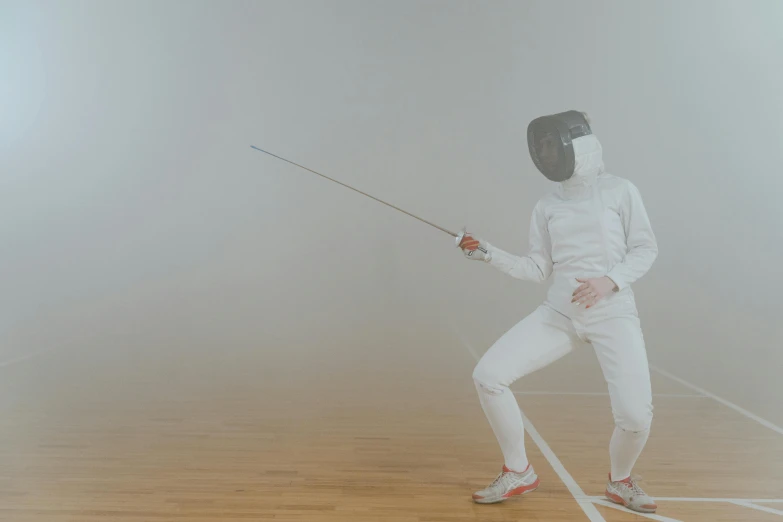 a man standing on top of a wooden floor holding a sword, fencing, very foggy, high-speed sports photography, slightly pixelated