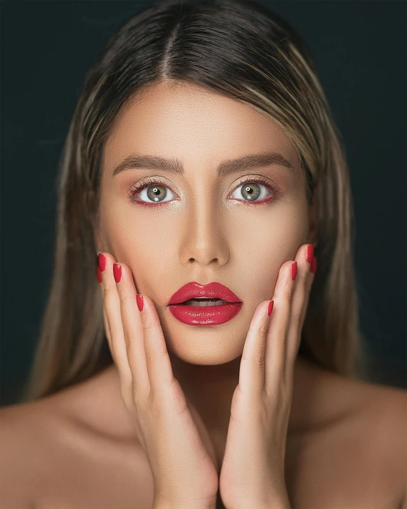 a beautiful young woman posing with her hands on her face, a colorized photo, inspired by Hedi Xandt, trending on pexels, lipstick, tanned ameera al taweel, red, 8k portrait render