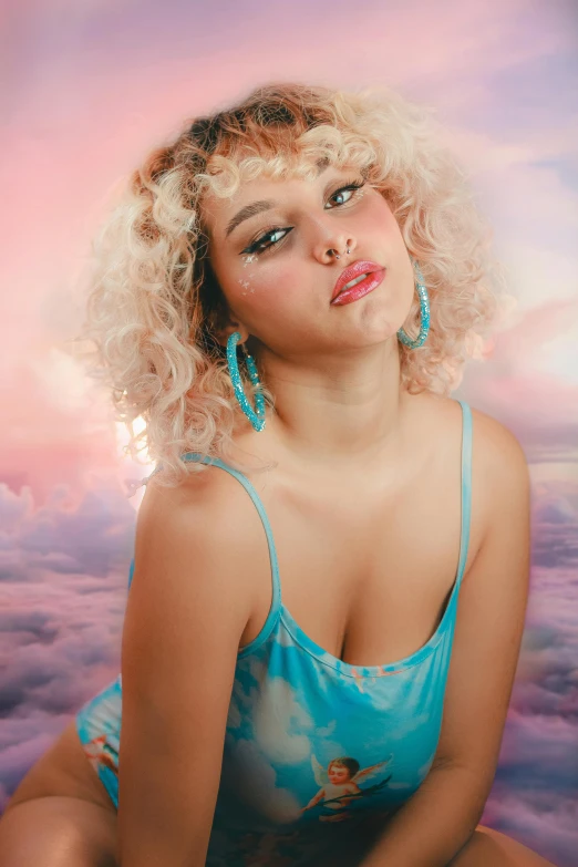 a woman sitting on top of a cloud covered ground, an album cover, inspired by David LaChapelle, trending on pexels, short curly blonde haired girl, close - up studio photo, melanie martinez, glowwave girl portrait