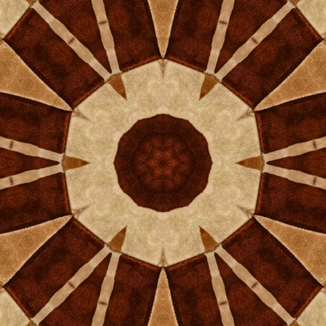 a brown and white rug with a circular design, a digital rendering, inspired by Lubin Baugin, pixabay contest winner, seen through a kaleidoscope, tan and brown fur, reddish - brown, geometric wood carvings
