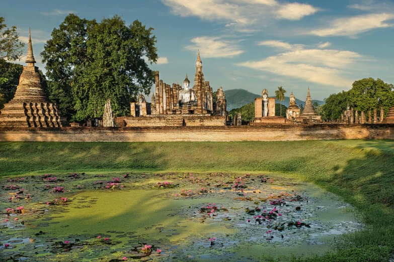 a pond filled with lots of water next to a tall building, a digital rendering, inspired by Steve McCurry, pexels contest winner, renaissance, sukhothai costume, ornate city ruins, album cover, flowers around