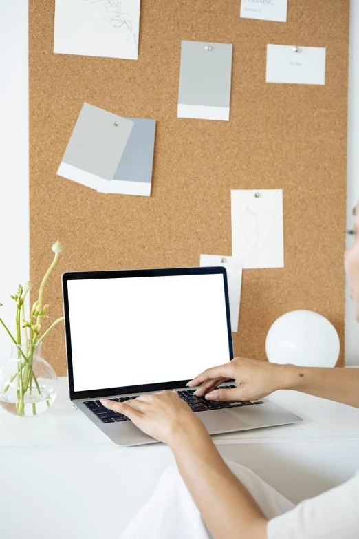 a woman sitting at a desk using a laptop computer, trending on pexels, arbeitsrat für kunst, whiteboards, very detailed background, sustainable materials, pastel'