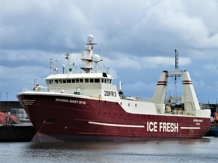 a large red and white boat in a body of water, inspired by Josef Šíma, pexels contest winner, hurufiyya, seafood in preserved in ice, corporate photo, fresh atmosphere, subtitles