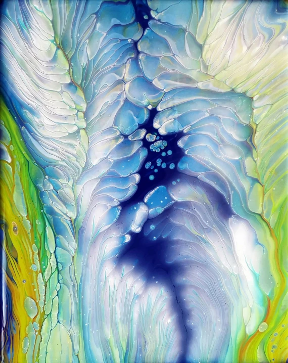 a close up of a painting of a person on a surfboard, by Judy Cassab, metaphysical painting, swirly liquid fluid abstract art, fractal glass, light green and deep blue mood, fluid acrylic pour art