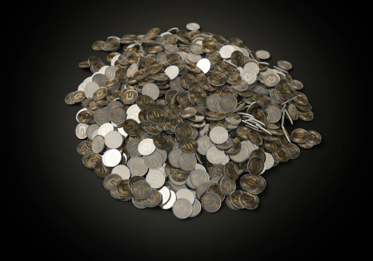 a pile of coins sitting on top of a table, by Ben Zoeller, polycount, extremely detailed. 8k, on black background, pbr texture, super detailed picture