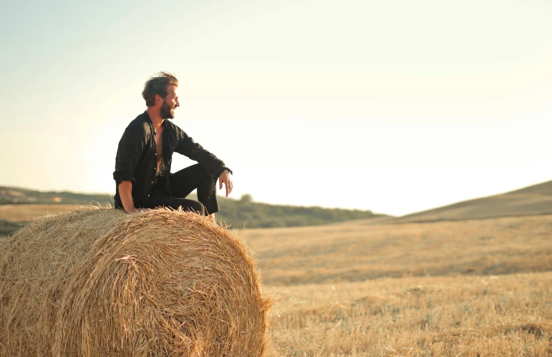 a man sitting on top of a bale of hay, an album cover, unsplash, an australian summer landscape, circle beard, profile pose, standing elegantly