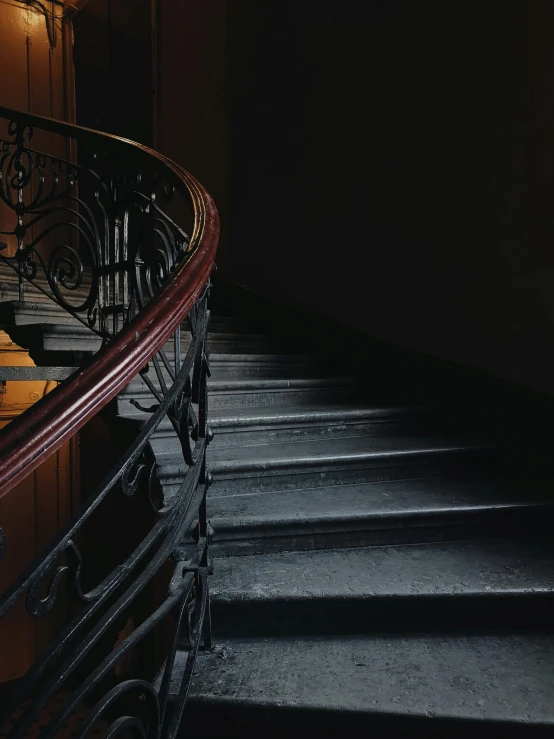 a close up of a staircase in a building, an album cover, inspired by Elsa Bleda, pexels contest winner, baroque, dark. no text, about to step on you, ignant, side light