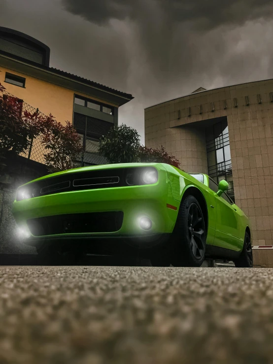 a green sports car parked in front of a building, by Greg Rutkowski, pexels contest winner, photorealism, volumetric fog light, soft color dodge, ((((unreal engine)))), dramatic lightin