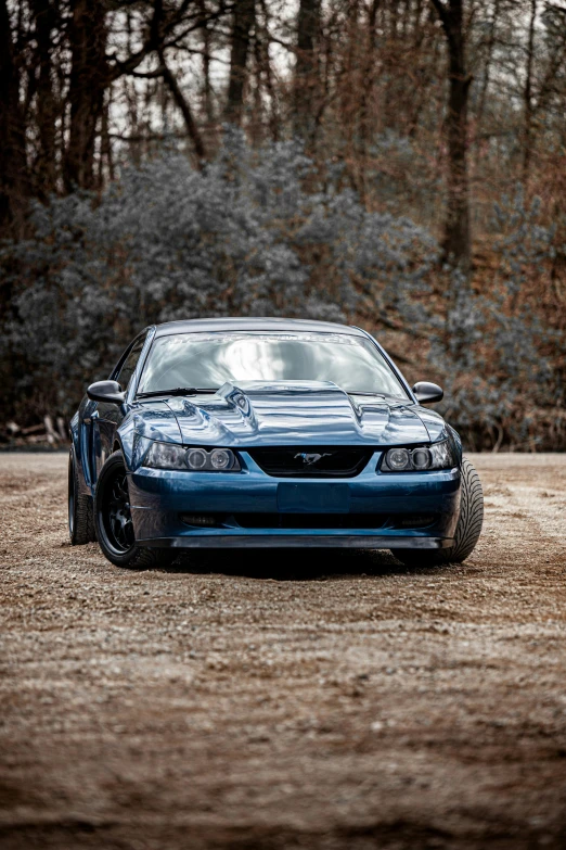 a blue car parked on top of a dirt road, a portrait, with a white muzzle, mustang, profile image, modded