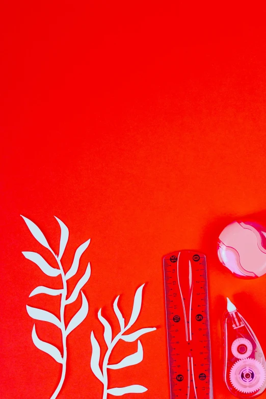 a pair of scissors, a pair of scissors, a pair of scissors, a pair of scissors, and a pair of scissors on a red, poster art, inspired by Tom Wesselmann, trending on pexels, coral red, botanical herbarium paper, fluo details, kirigami