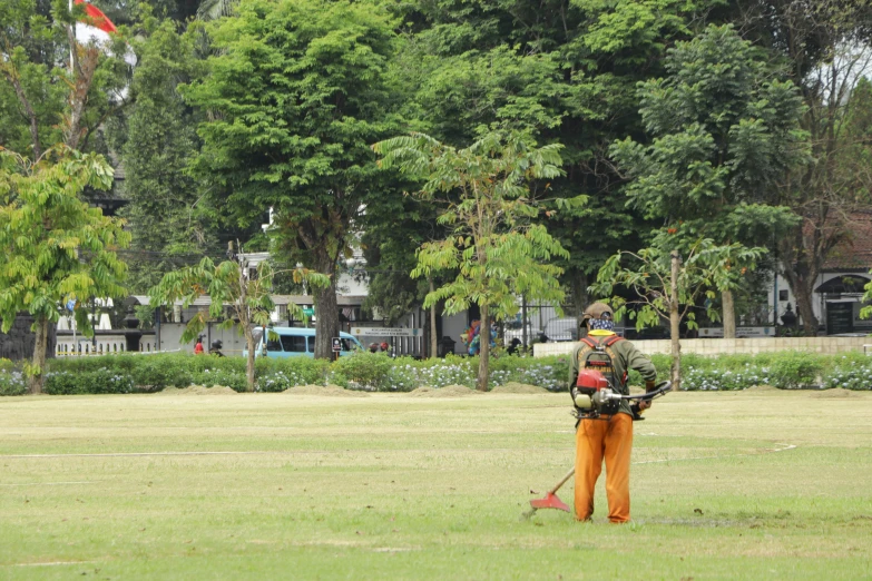 a man standing on top of a lush green field, singapore esplanade, holding a chainsaw, walking at the park, red and yellow scheme