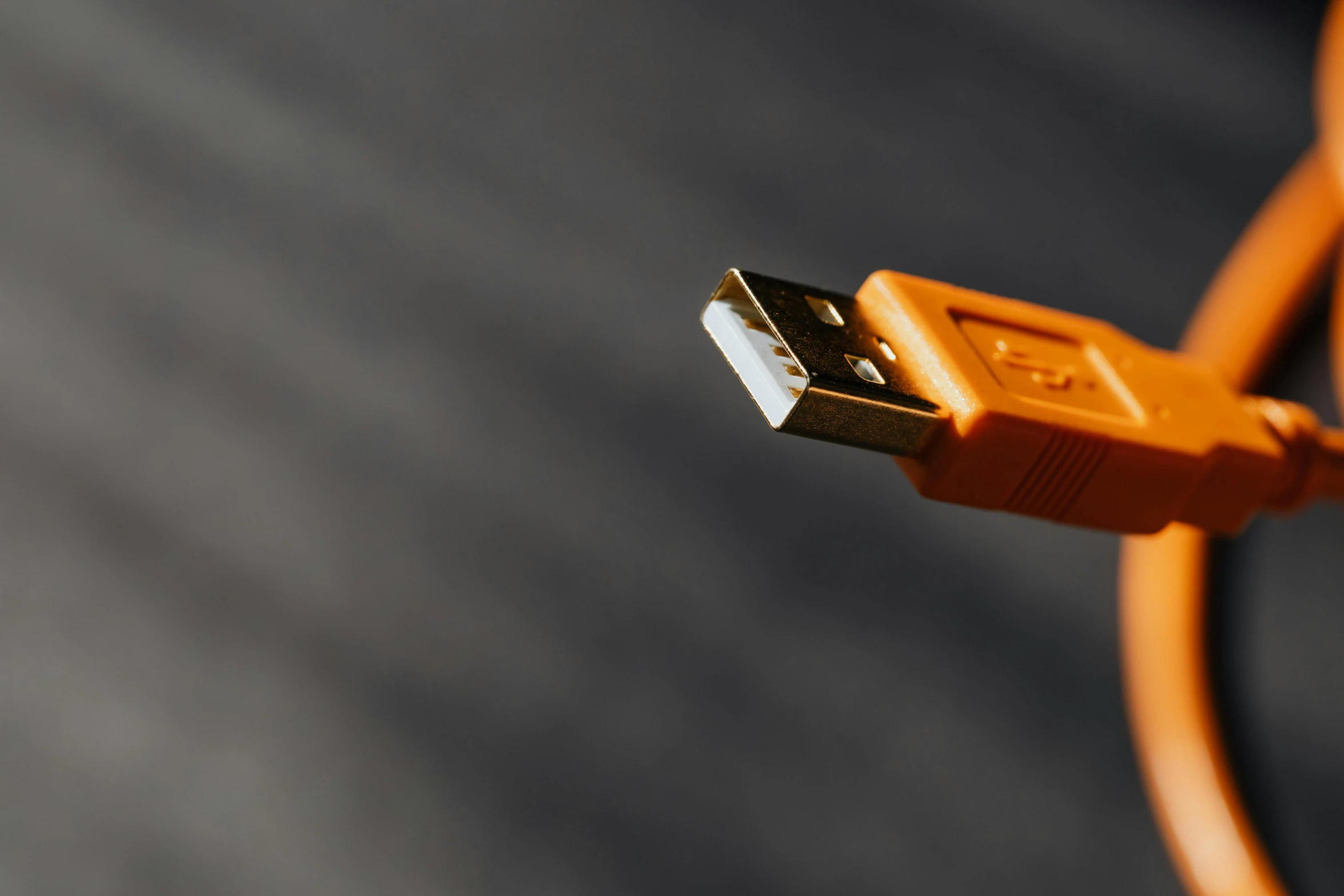 a close up of a usb cable connected to a laptop, by Carey Morris, unsplash, happening, orange electricity, on a gray background, brown, modeled