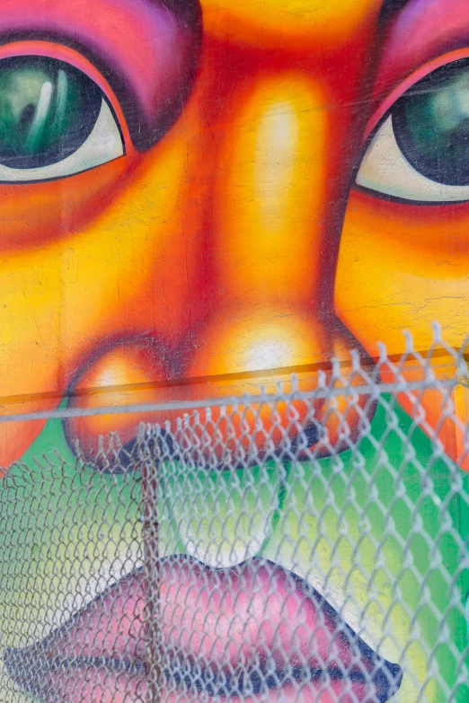 a close up of a painting on the side of a building, graffiti art, inspired by Ed Paschke, pexels contest winner, face looking skyward, in front of an orange background, red mesh in the facede, green face