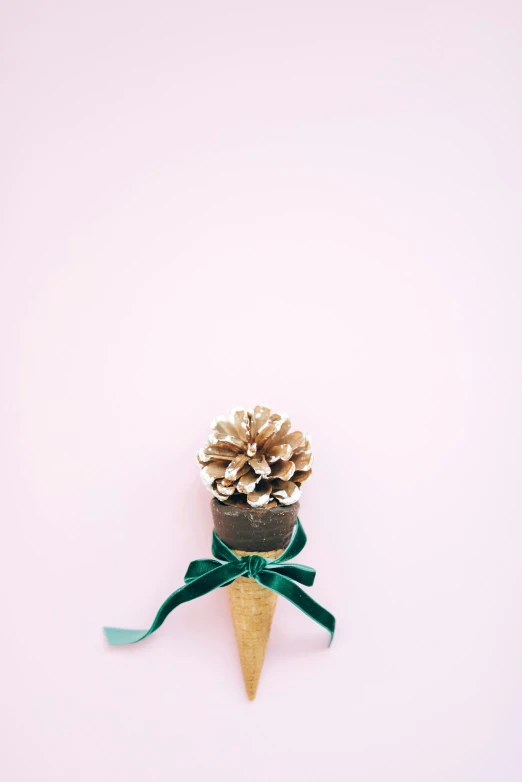 a cone with a pine cone on top of it, by Paul Bird, trending on unsplash, light pink background, golden ribbon, studio shoot, 15081959 21121991 01012000 4k