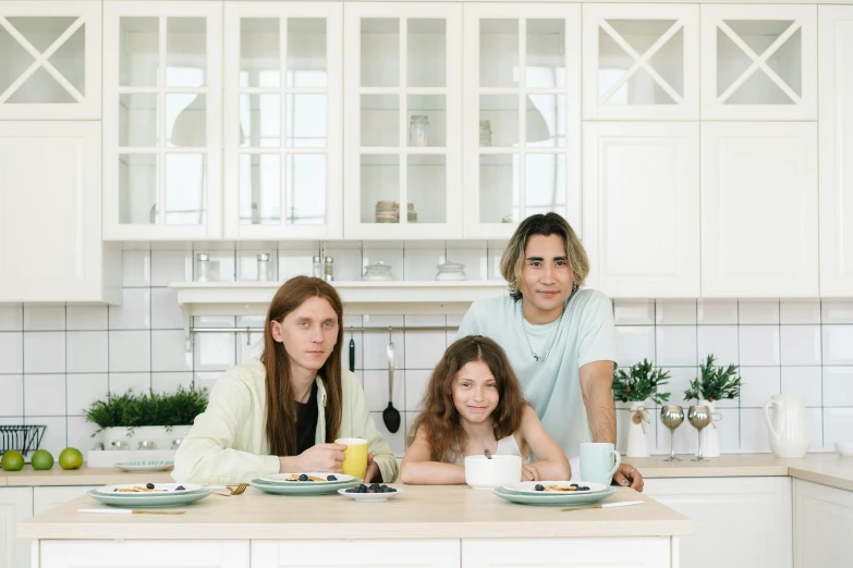 a family poses for a picture in the kitchen, pexels contest winner, realism, white background, avatar image, breakfast, caucasian