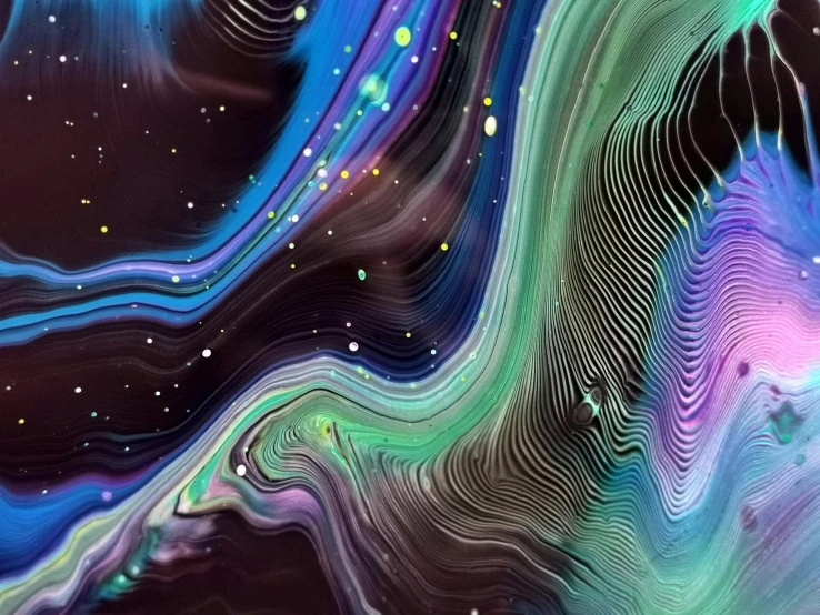 an abstract painting with blue, green, and purple colors, trending on pexels, generative art, swirling galaxies, vhs distortions, dripping black iridescent liquid, stunning lines