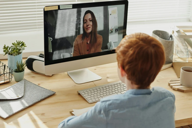 a little boy that is sitting in front of a computer, a computer rendering, trending on pexels, renaissance, in meeting together, hr ginger, close up to the screen, matt finish