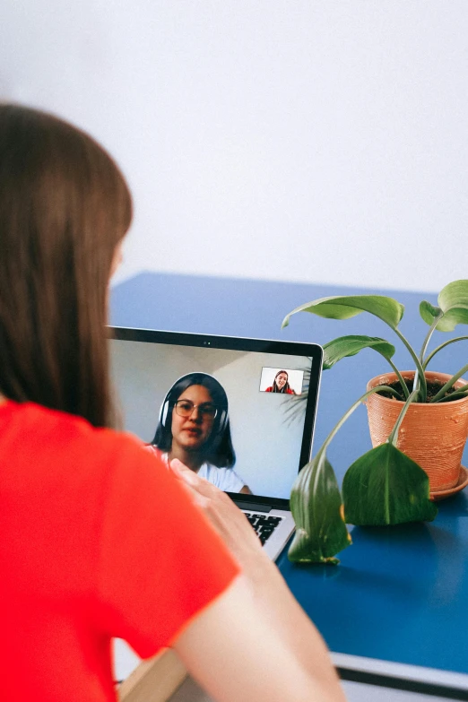 a woman sitting in front of a laptop computer, by Julia Pishtar, trending on pexels, video art, in meeting together, next to a plant, close up to the screen, in an call centre office