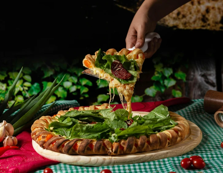 a person taking a slice of pizza out of a pizza pan, inspired by Carpoforo Tencalla, pexels contest winner, hurufiyya, lush greens, 🦩🪐🐞👩🏻🦳, angled shot, festive