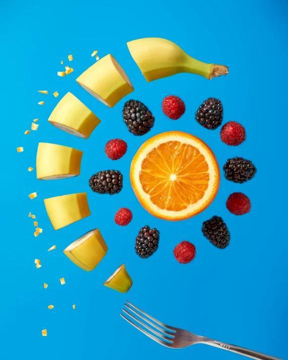 a banana, raspberries, and an orange on a blue background, shutterstock contest winner, lush and colorful eclipse, made of food, yellow and purple tones, product image