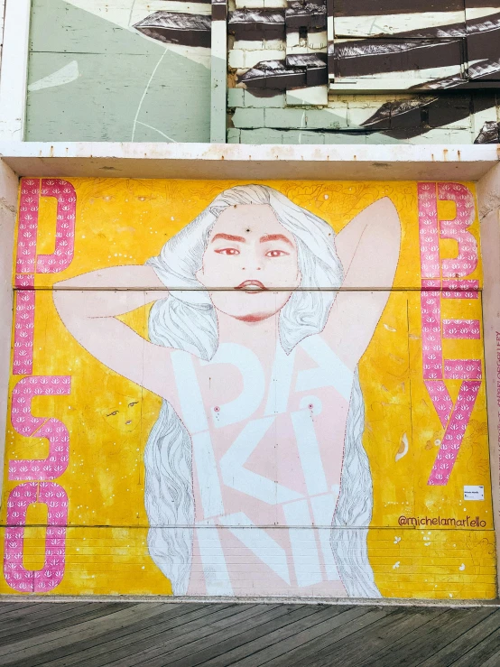 a painting of a woman on a garage door, trending on pexels, graffiti, pink and yellow, shapely derriere, dua lipa, disco