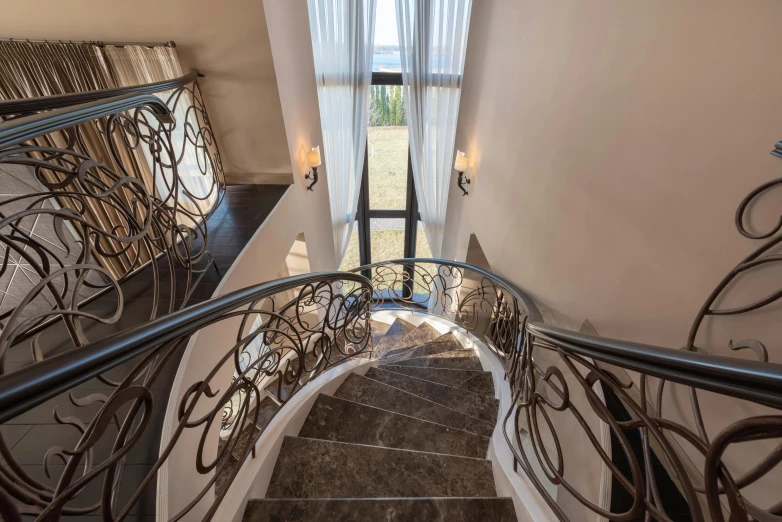 a view from the top of a set of stairs, custom modern castle, interior photography, fan favorite, sky view