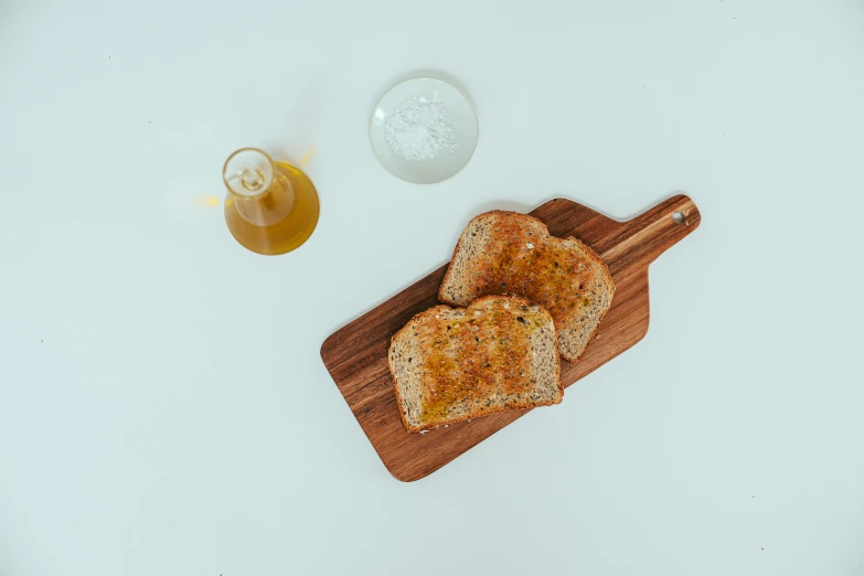 a wooden cutting board topped with slices of bread, unsplash, cooking oil, full body image, 10, toaster