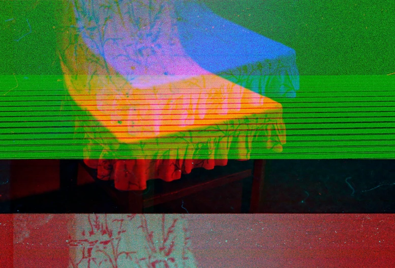a chair sitting in front of a green wall, by Nathalie Rattner, video art, psychedelic glitch art, on my bed, damaged webcam image, tv color test pattern