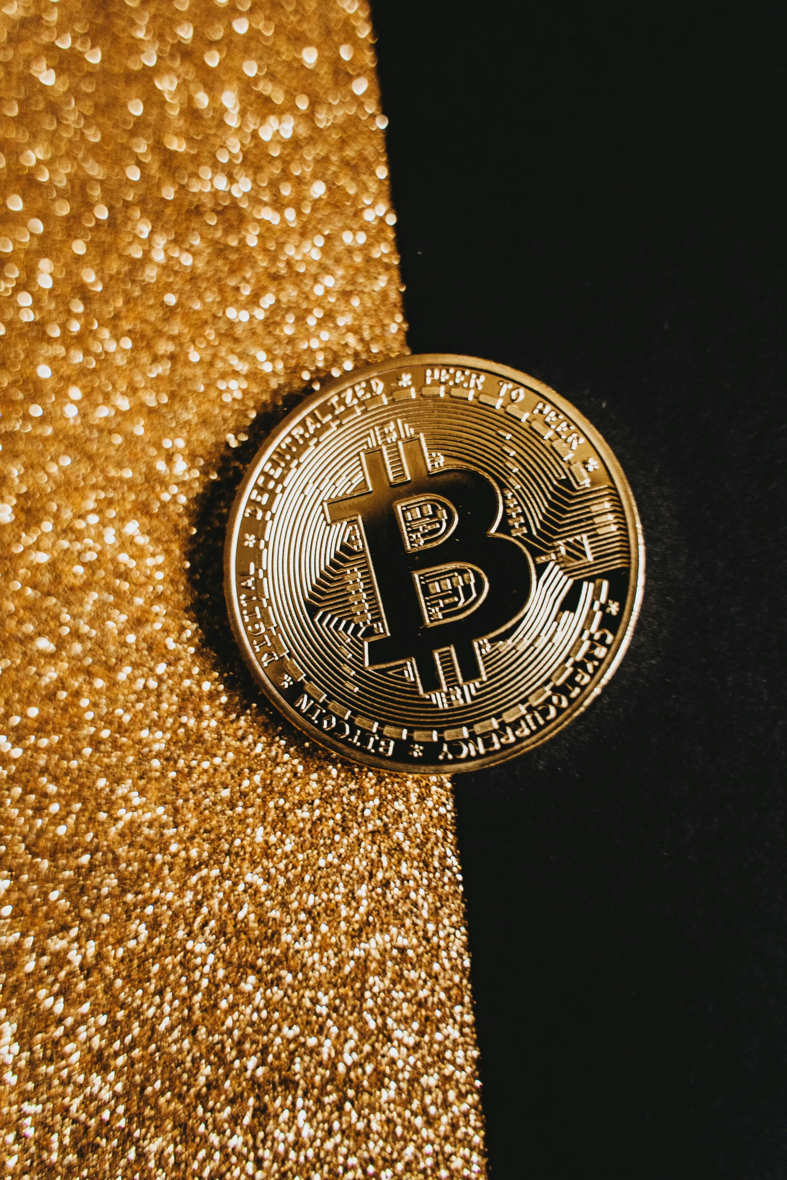 a bitcoin sitting on top of a gold tie, an album cover, by Julia Pishtar, trending on unsplash, renaissance, glitter, thumbnail, bitmap, 🚿🗝📝