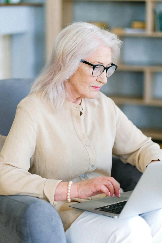 a woman sitting in a chair using a laptop computer, trending on pexels, flowy white grey hair, white reading glasses, a handsome, royal commission