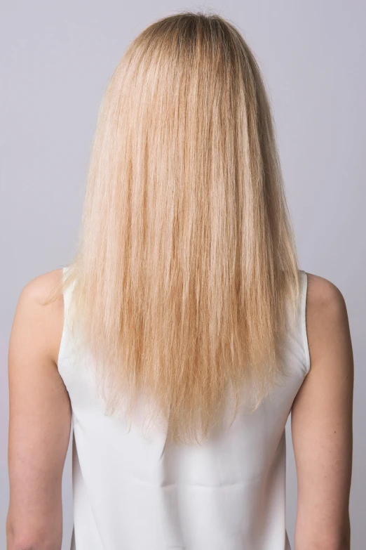 the back of a woman's head with long blonde hair, inspired by Károly Lotz, official product photo, head straight down, half body photo, medium head to shoulder shot
