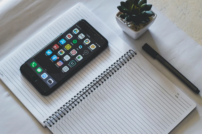 a cell phone sitting on top of a notebook next to a plant, trending on pexels, pencil and paper, professional iphone photo, 9 9 designs, papers on table