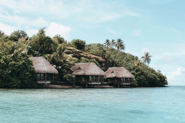 a group of huts sitting on top of a lush green hillside, a screenshot, trending on unsplash, visual art, light blue water, polynesian style, the photo was taken from a boat, luxurious wooden cottage