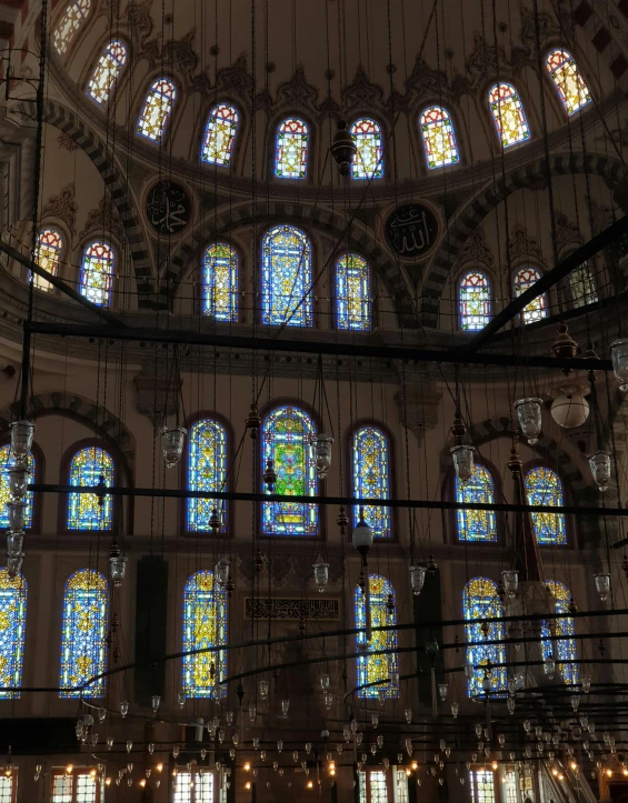 the inside of a large building with many windows, arabesque, stained glass!!, profile picture, 256x256, istanbul