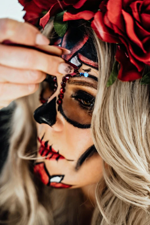 a woman with a flower crown on her head, an airbrush painting, inspired by Hedi Xandt, trending on pexels, sugar skull, close up of a blonde woman, square, costume