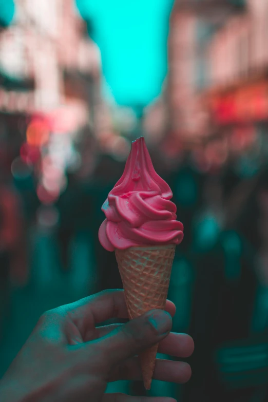 a person holding an ice cream cone in their hand, pexels contest winner, neon pink, multiple stories, raspberry, alessio albi