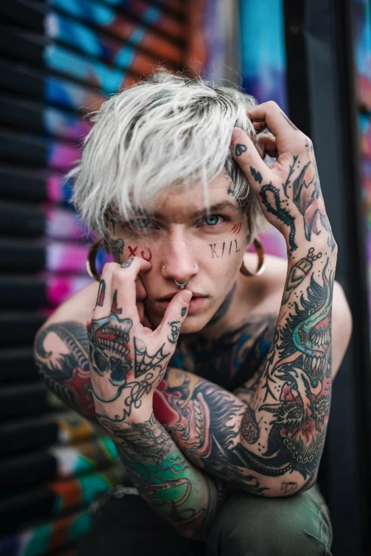 a young man with tattoos on his arms, trending on pexels, hyperrealism, white haired, trippy, square, killian eng