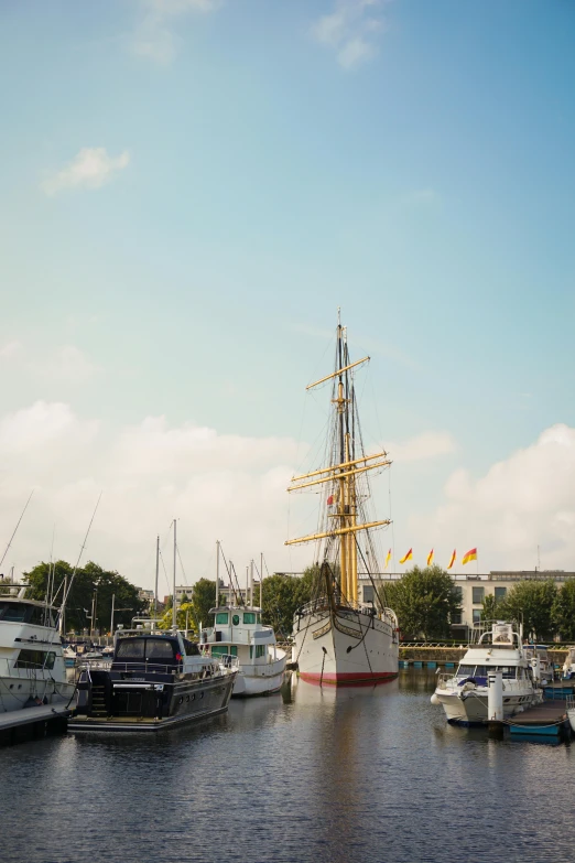 a number of boats in a body of water, a photo, inspired by Horatio Nelson Poole, unsplash, happening, belgium, docked at harbor, standing on the mast, tourist photo