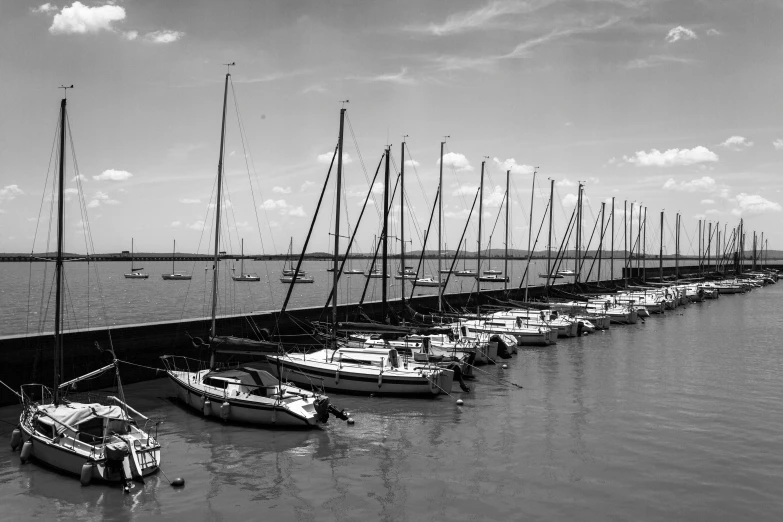 a black and white photo of sailboats docked at a pier, a black and white photo, pexels, op art, 1 6 x 1 6, various posed, landscape photo, view