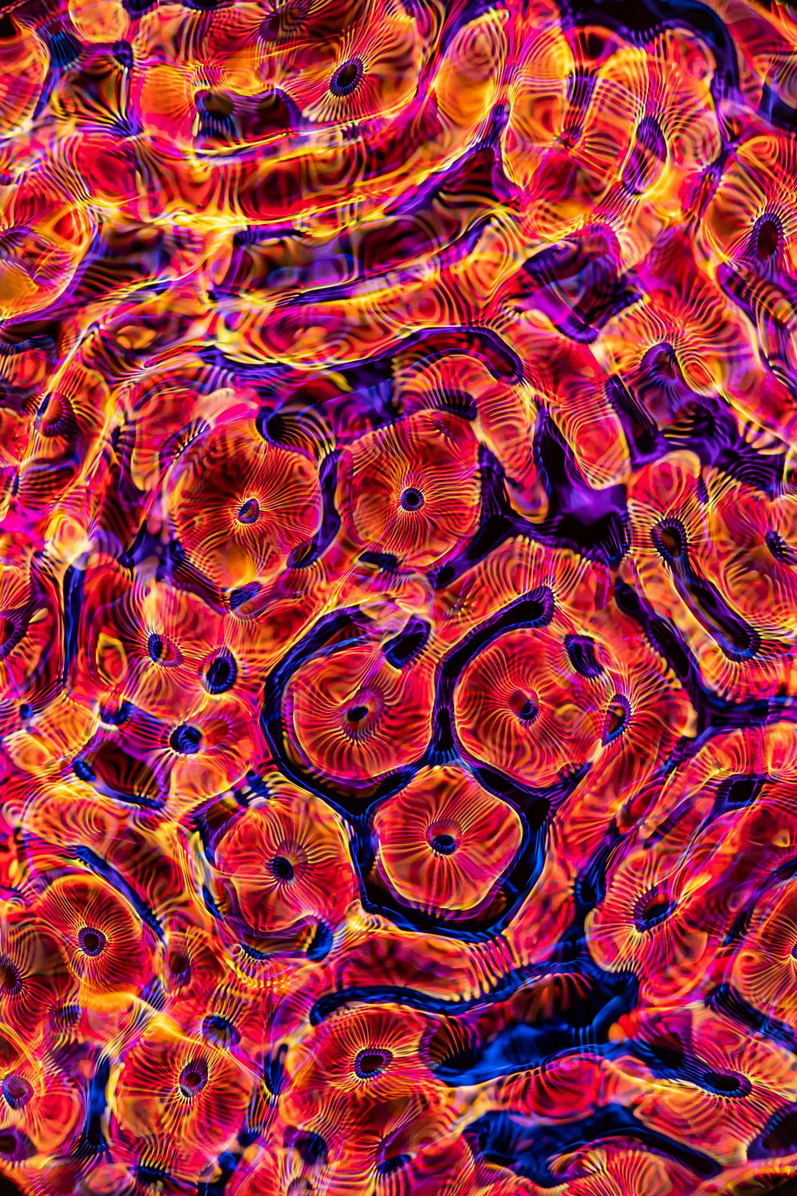 a bunch of red and orange flowers on a black background, a microscopic photo, by Jon Coffelt, generative art, stomach skin, coral underwater colorful, cells, psychedelic black light