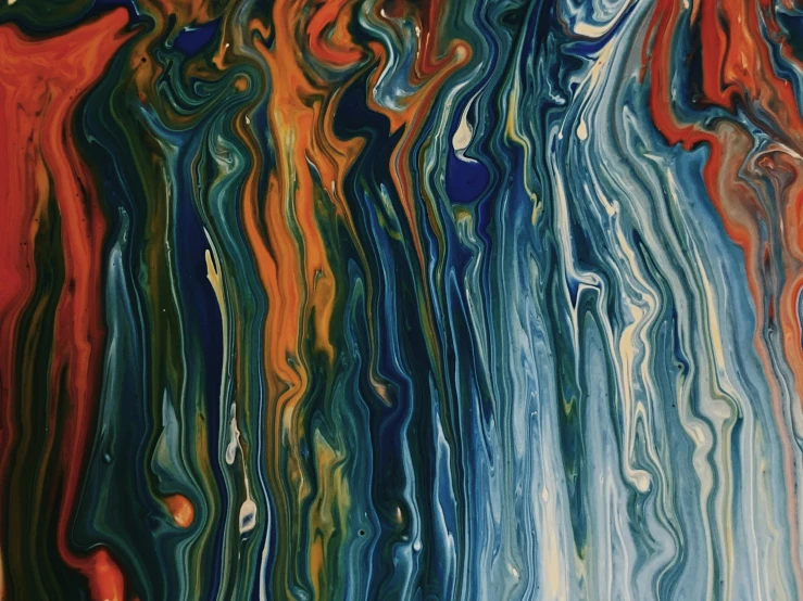 a close up of a painting on a wall, inspired by Morris Louis, unsplash, orange fire/blue ice duality!, fluid acrylic pour art, blue and green and red tones, on a dark background