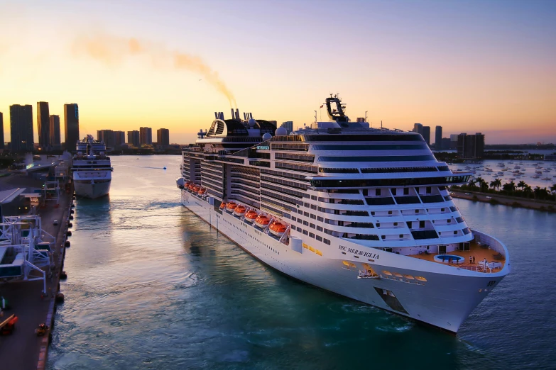 a large cruise ship in a body of water, at sunset, boats in the water, avatar image, miami