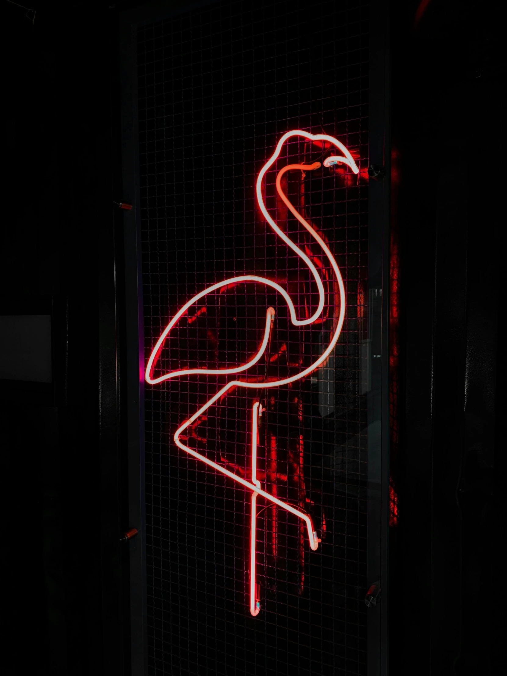 a neon flamingo is lit up in the dark, poster art, by Matija Jama, pexels contest winner, neon electronic signs, taken on iphone 14 pro, фото девушка курит, reds)