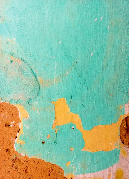 a close up of peeling paint on a wall, inspired by Helen Frankenthaler, trending on unsplash, ocher and turquoise colors, promo image, colors of jamaica, on a wall